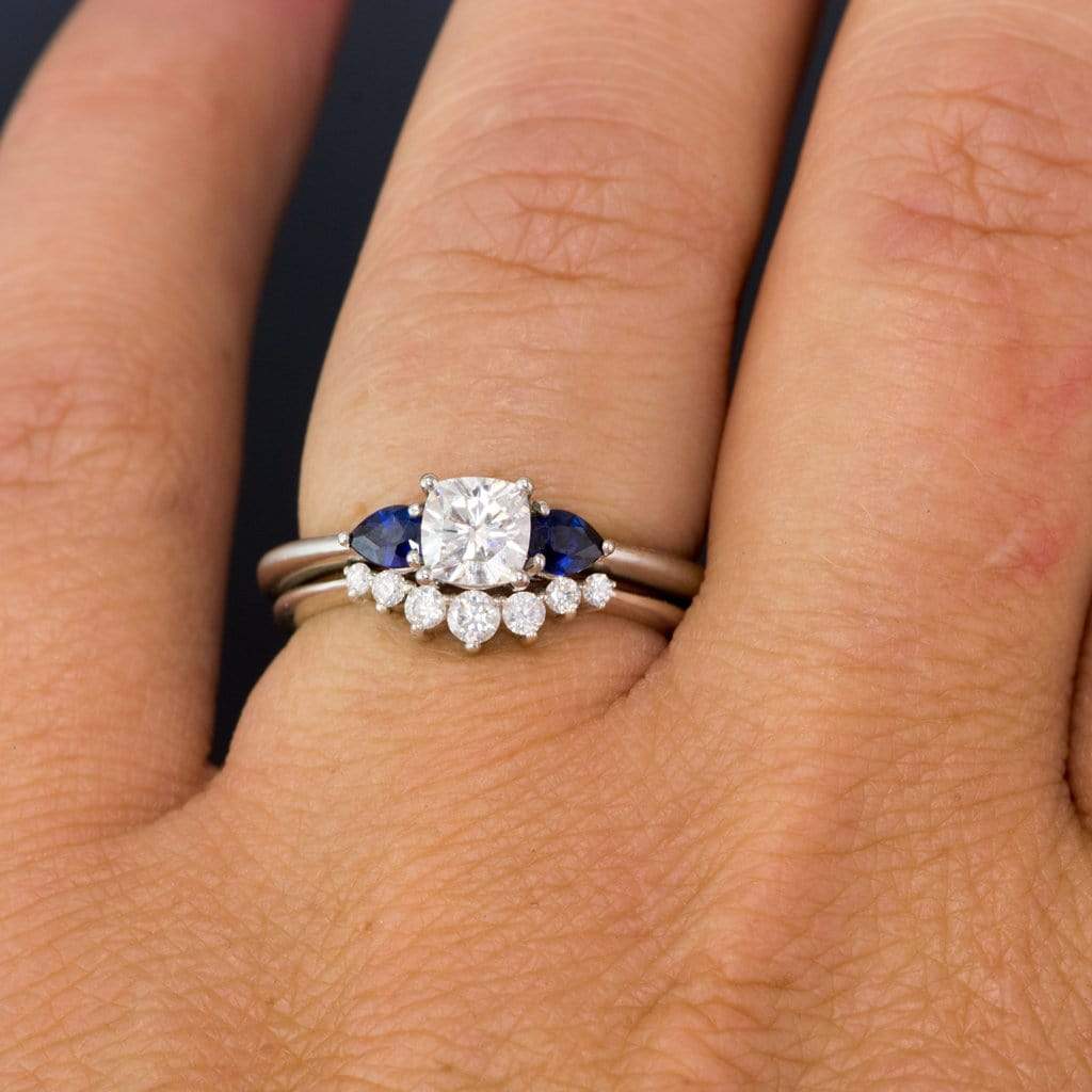 Tressa- Three Stone Engagement Ring, Prong set Cushion Moissanite & Pear Blue Sapphire Accents Ring by Nodeform