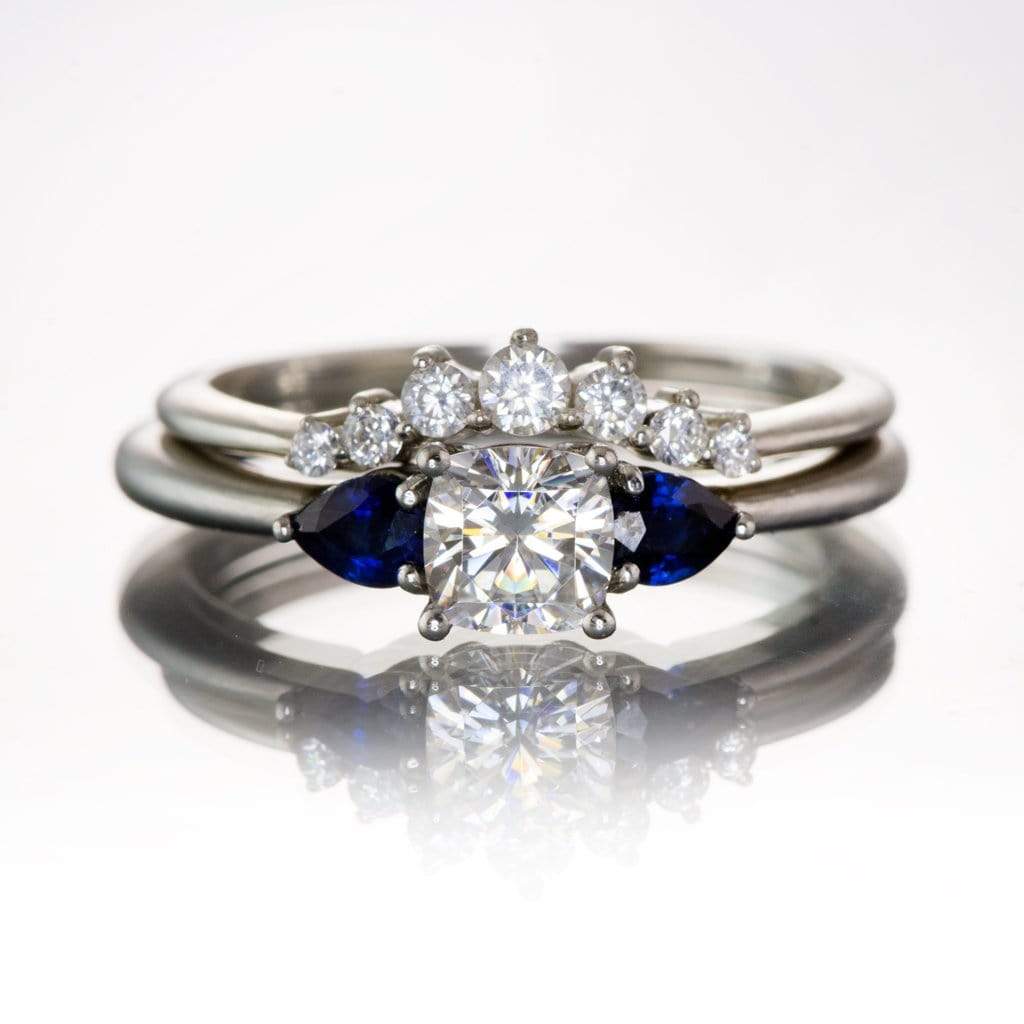 Tressa- Three Stone Engagement Ring, Prong set Cushion Moissanite & Pear Blue Sapphire Accents Ring by Nodeform