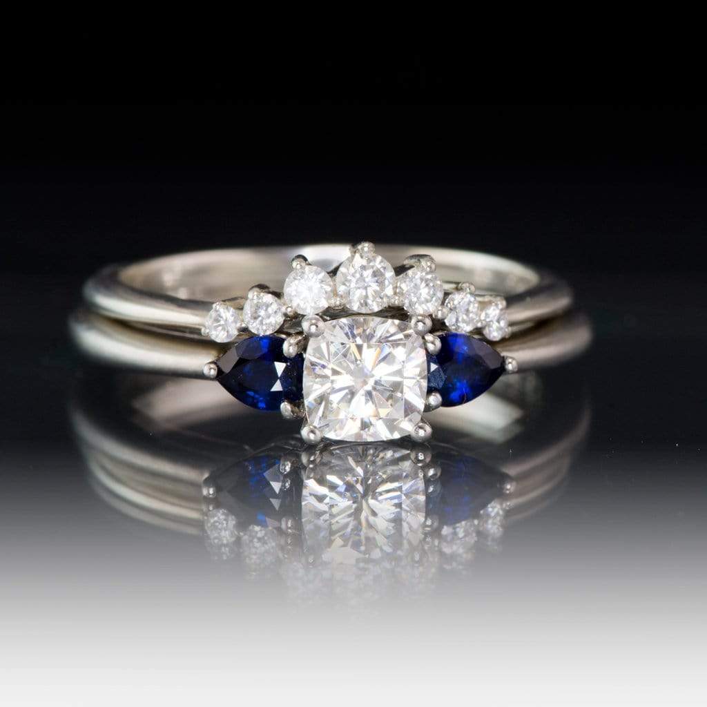 Tressa- Three Stone Engagement Ring, Prong set Cushion Moissanite & Pear Blue Sapphire Accents Ring by Nodeform