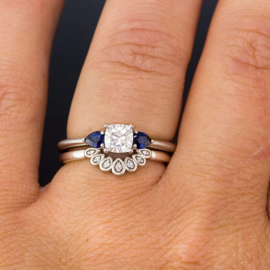 Tressa- Three Stone Engagement Ring, Prong set Cushion Moissanite & Pear Blue Sapphire Accents Ring by Nodeform