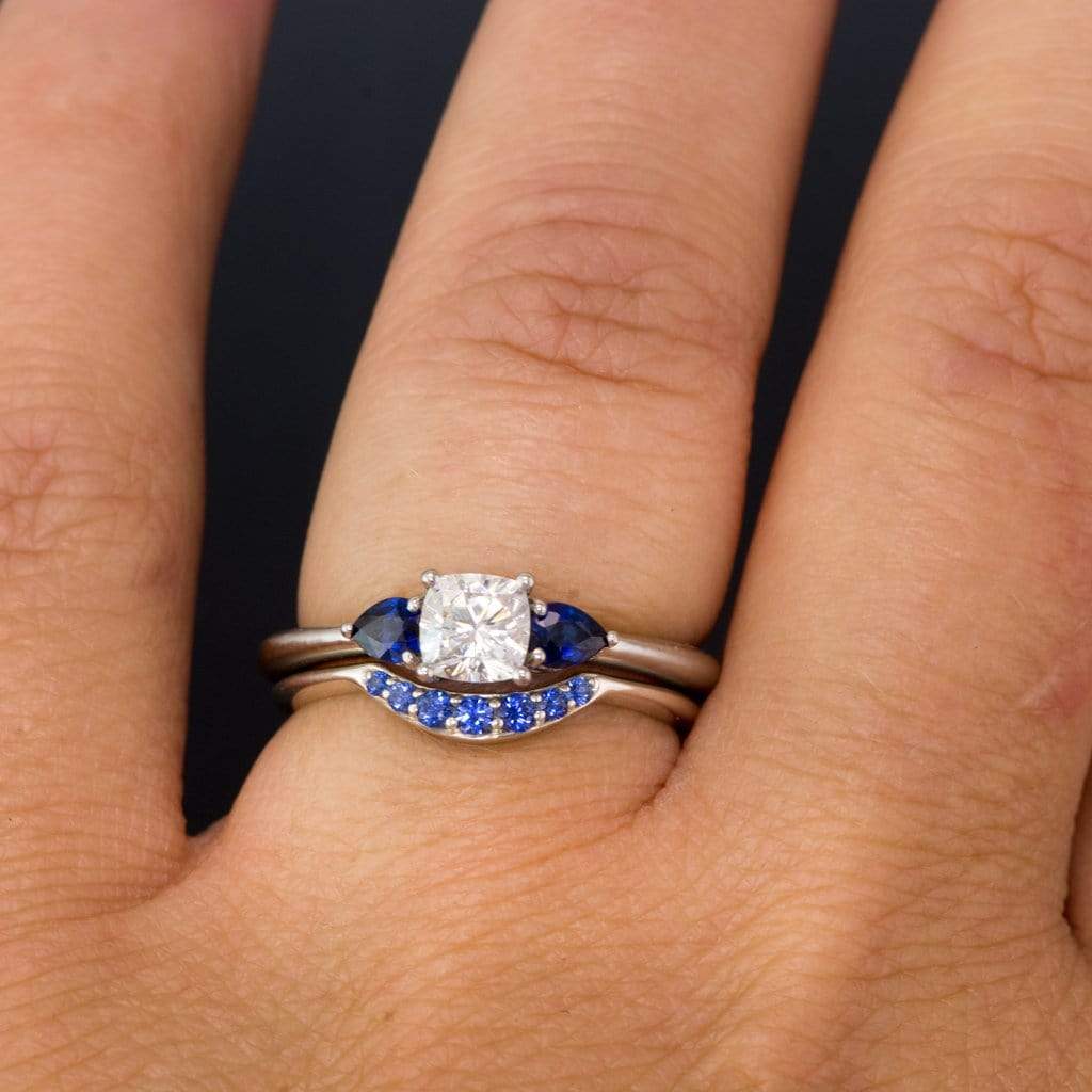 Tressa- Three Stone Engagement Ring, Prong set Cushion Moissanite & Pear Blue Sapphire Accents Ring by Nodeform