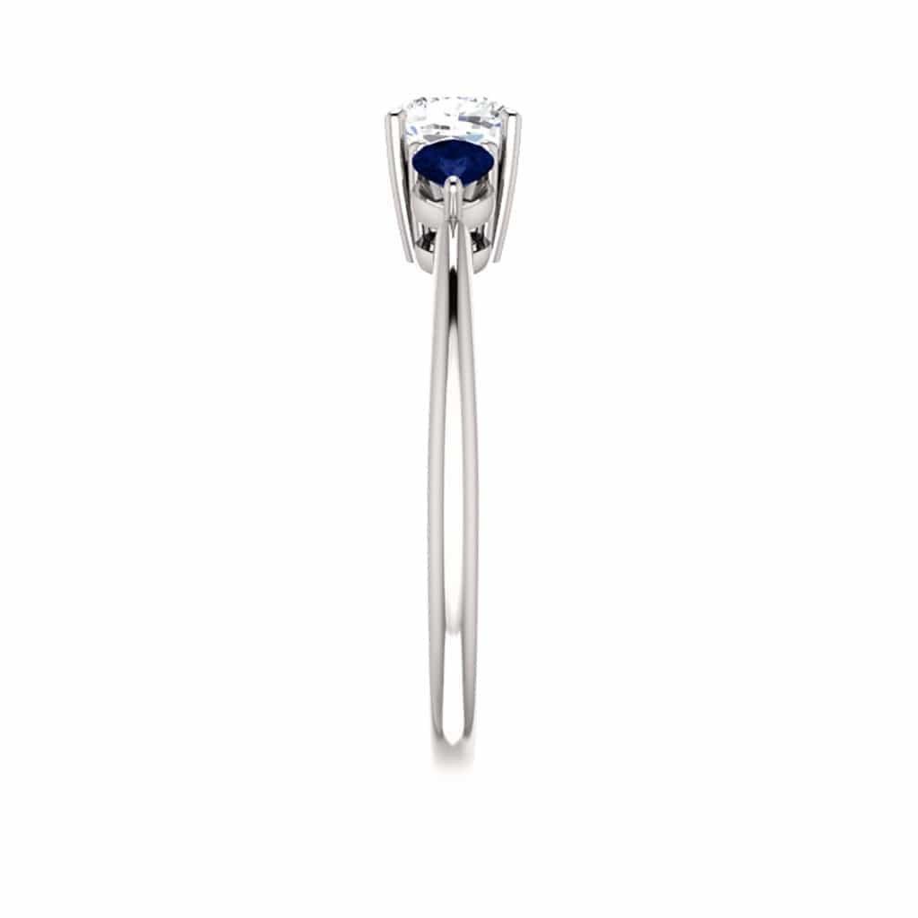 Tressa- Three Stone Engagement Ring, Prong set Cushion Moissanite & Pear Blue Sapphire Accents Ring by Nodeform