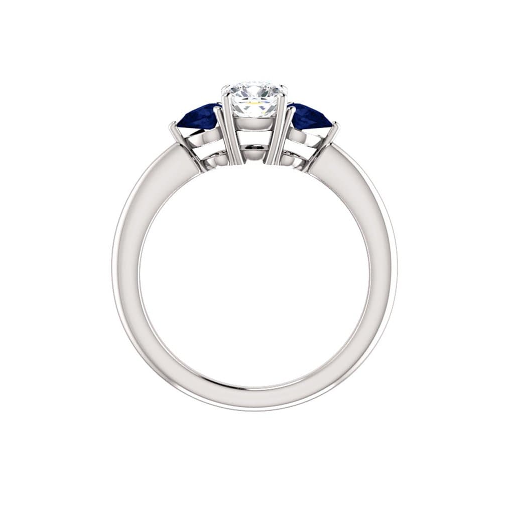 Tressa- Three Stone Engagement Ring, Prong set Cushion Moissanite & Pear Blue Sapphire Accents Ring by Nodeform