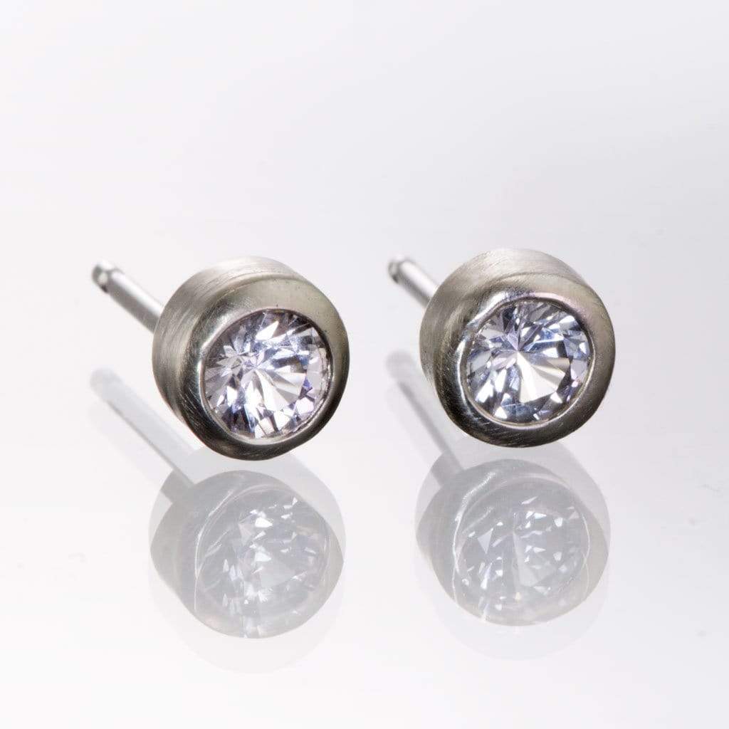 White Sapphire 14k White Gold Bezel Stud Earrings, Ready to Ship 14k White Gold Earrings by Nodeform