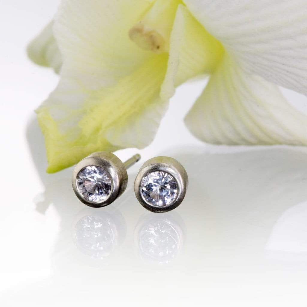 White Sapphire 14k White Gold Bezel Stud Earrings, Ready to Ship 14k White Gold Earrings by Nodeform