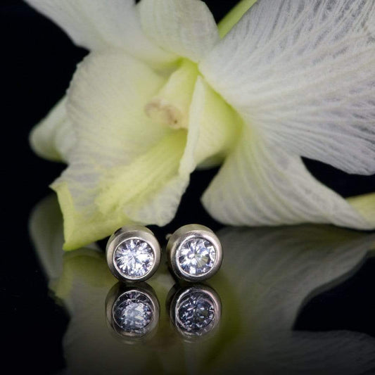 White Sapphire 14k White Gold Bezel Stud Earrings, Ready to Ship 14k White Gold Earrings by Nodeform