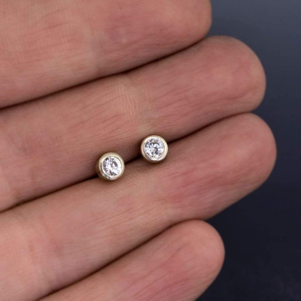White Sapphire 14k White Gold Bezel Stud Earrings, Ready to Ship 14k White Gold Earrings by Nodeform