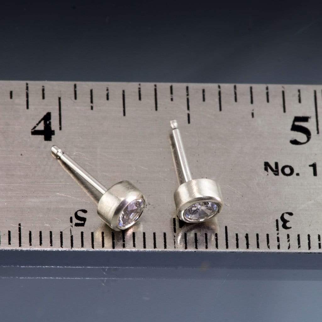 White Sapphire 14k White Gold Bezel Stud Earrings, Ready to Ship 14k White Gold Earrings by Nodeform