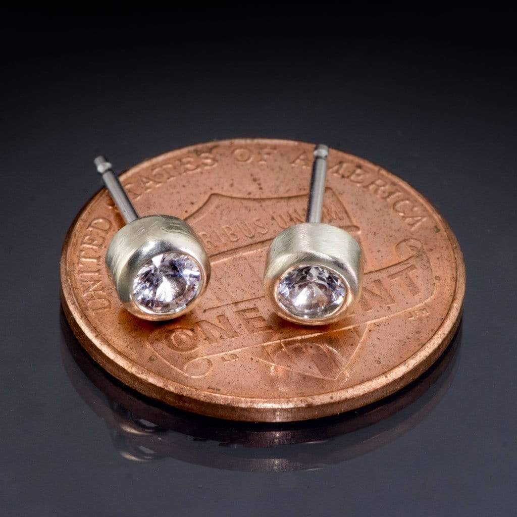 White Sapphire 14k White Gold Bezel Stud Earrings, Ready to Ship 14k White Gold Earrings by Nodeform