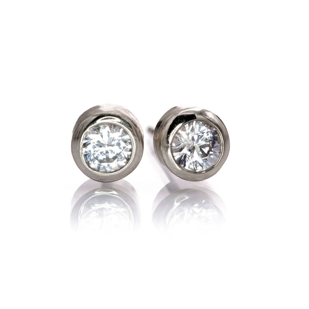White Sapphire 14k White Gold Bezel Stud Earrings, Ready to Ship 14k White Gold Earrings by Nodeform