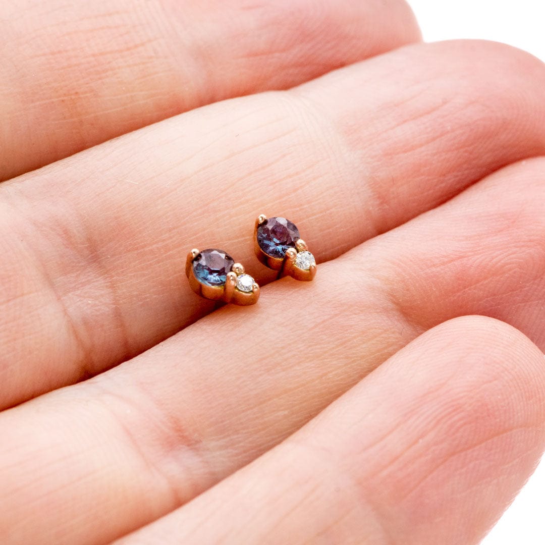 Alexandrite 14k Rose Gold Stud Earrings With Lab Diamond Accent, Ready to Ship Earrings by Nodeform
