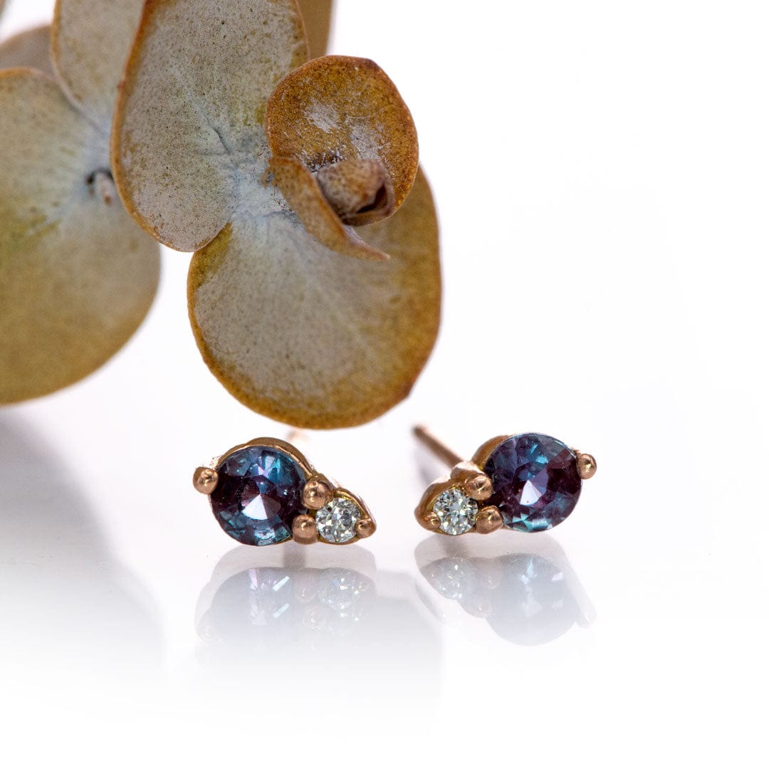 Alexandrite 14k Rose Gold Stud Earrings With Lab Diamond Accent, Ready to Ship Earrings by Nodeform
