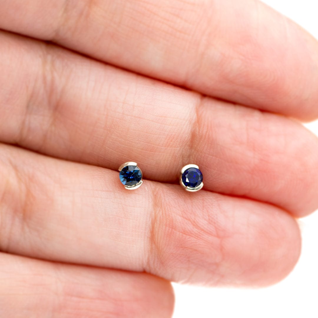 3mm Blue Sapphire 14k White Gold Half Bezel Stud Earrings, Ready to Ship Earrings by Nodeform