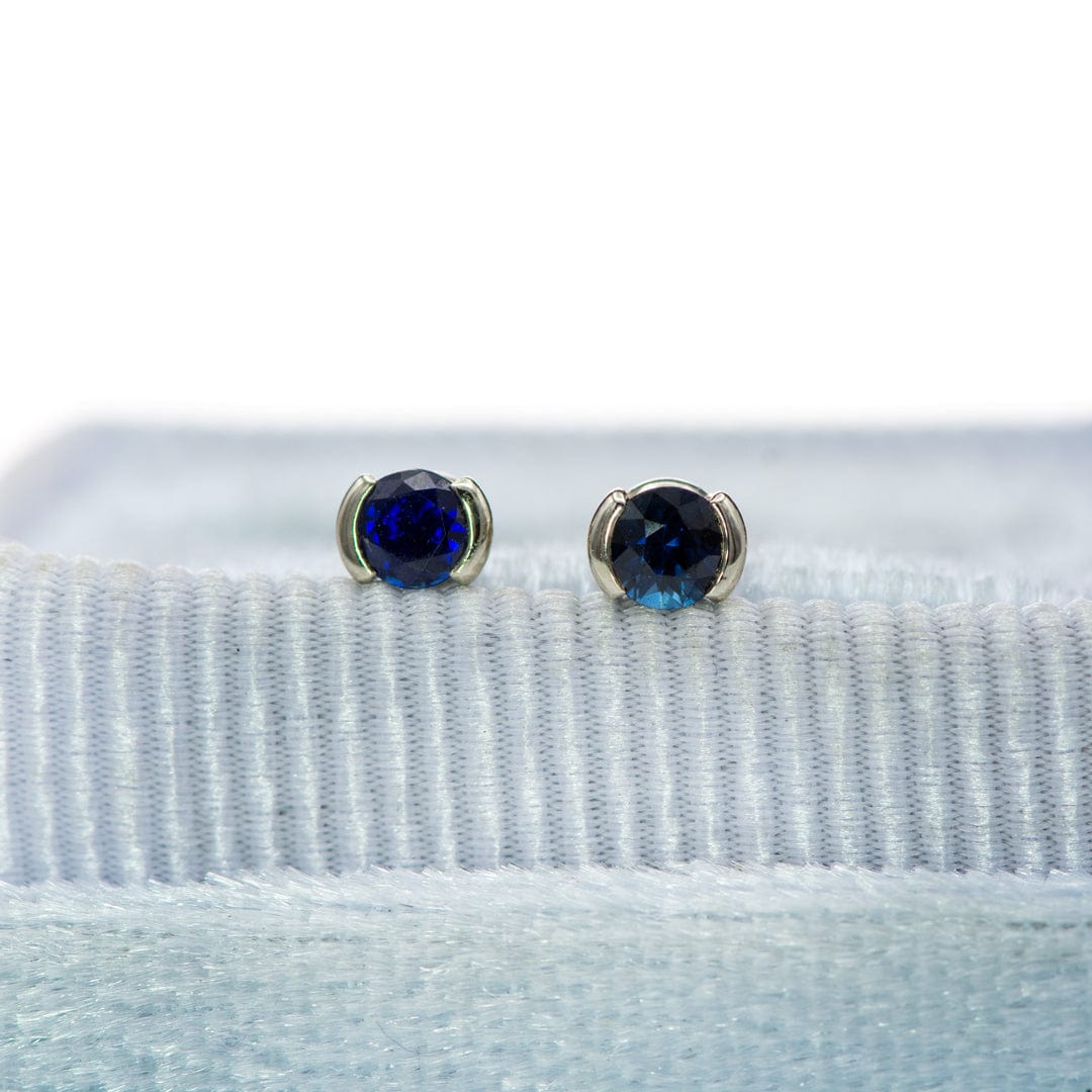 3mm Blue Sapphire 14k White Gold Half Bezel Stud Earrings, Ready to Ship Earrings by Nodeform