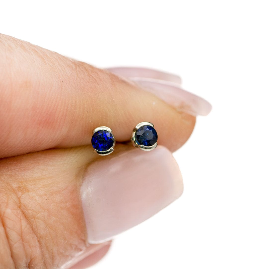 3mm Blue Sapphire 14k White Gold Half Bezel Stud Earrings, Ready to Ship Earrings by Nodeform