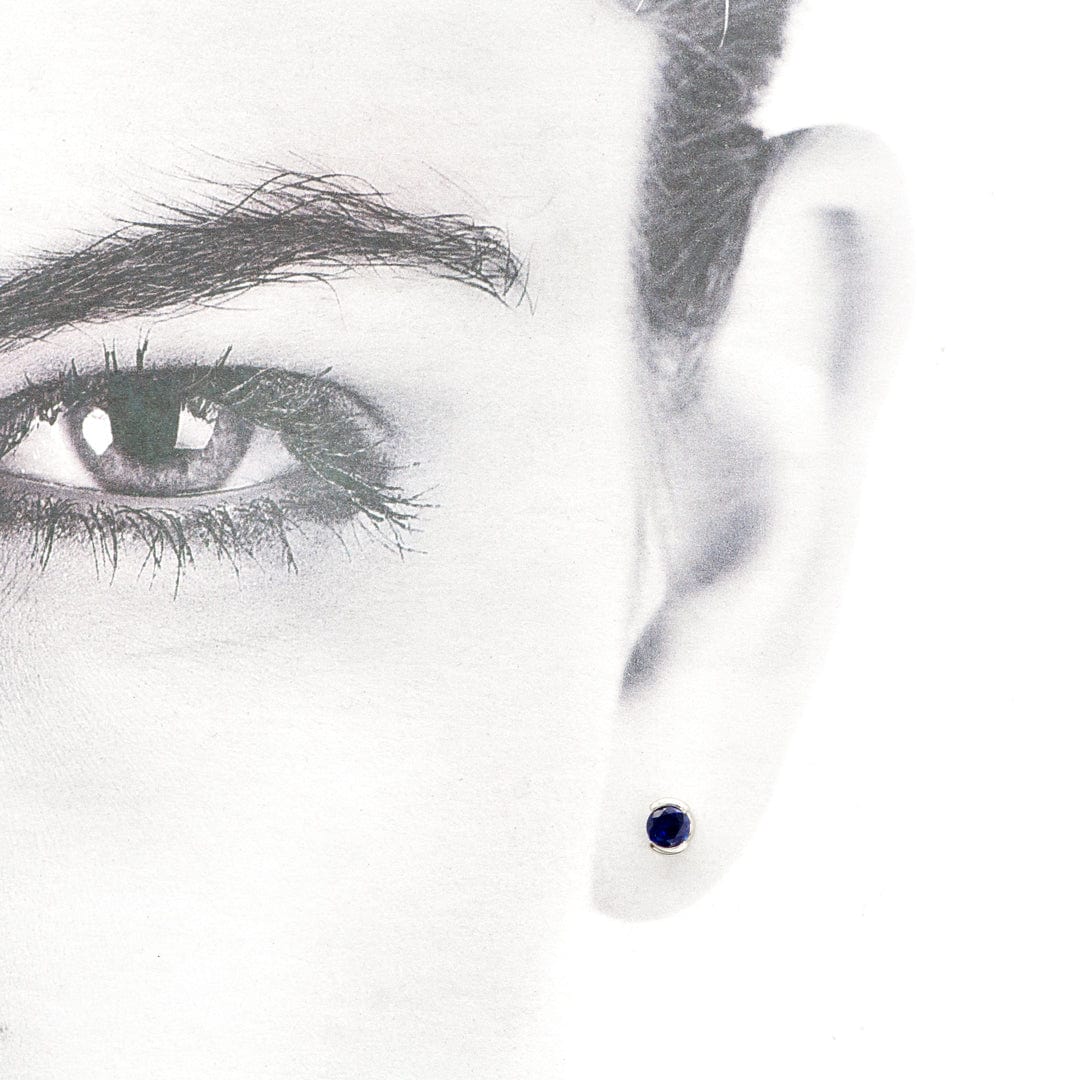 3mm Blue Sapphire 14k White Gold Half Bezel Stud Earrings, Ready to Ship Earrings by Nodeform