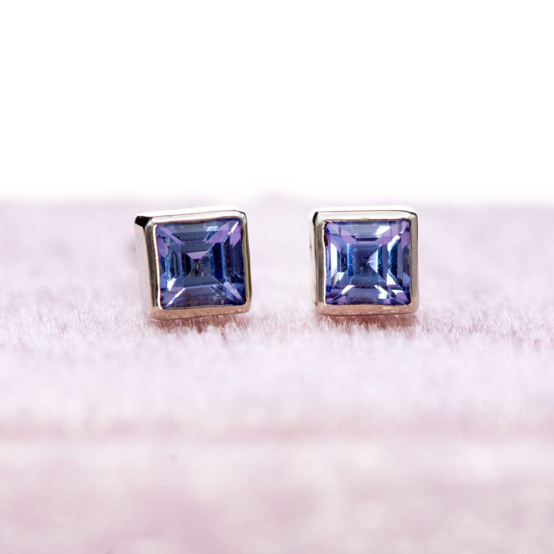 3mm Square Light blue Sapphire 14k White Gold Bezel Stud Earrings, Ready to Ship Earrings by Nodeform