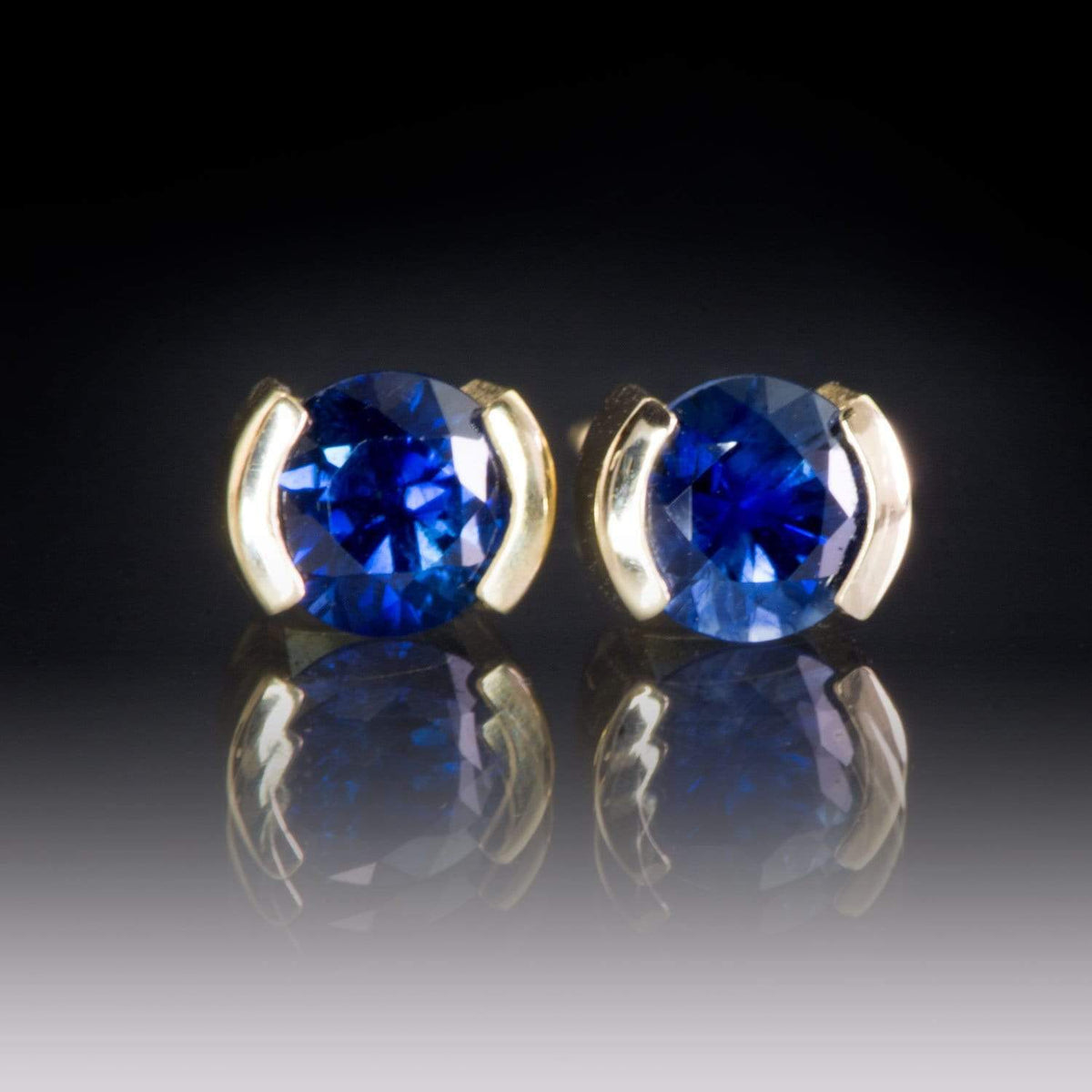 Blue Sapphire 14k Gold Half Bezel Stud Earrings 14k Yellow Gold / 4mm Blue Sapphire Earrings by Nodeform