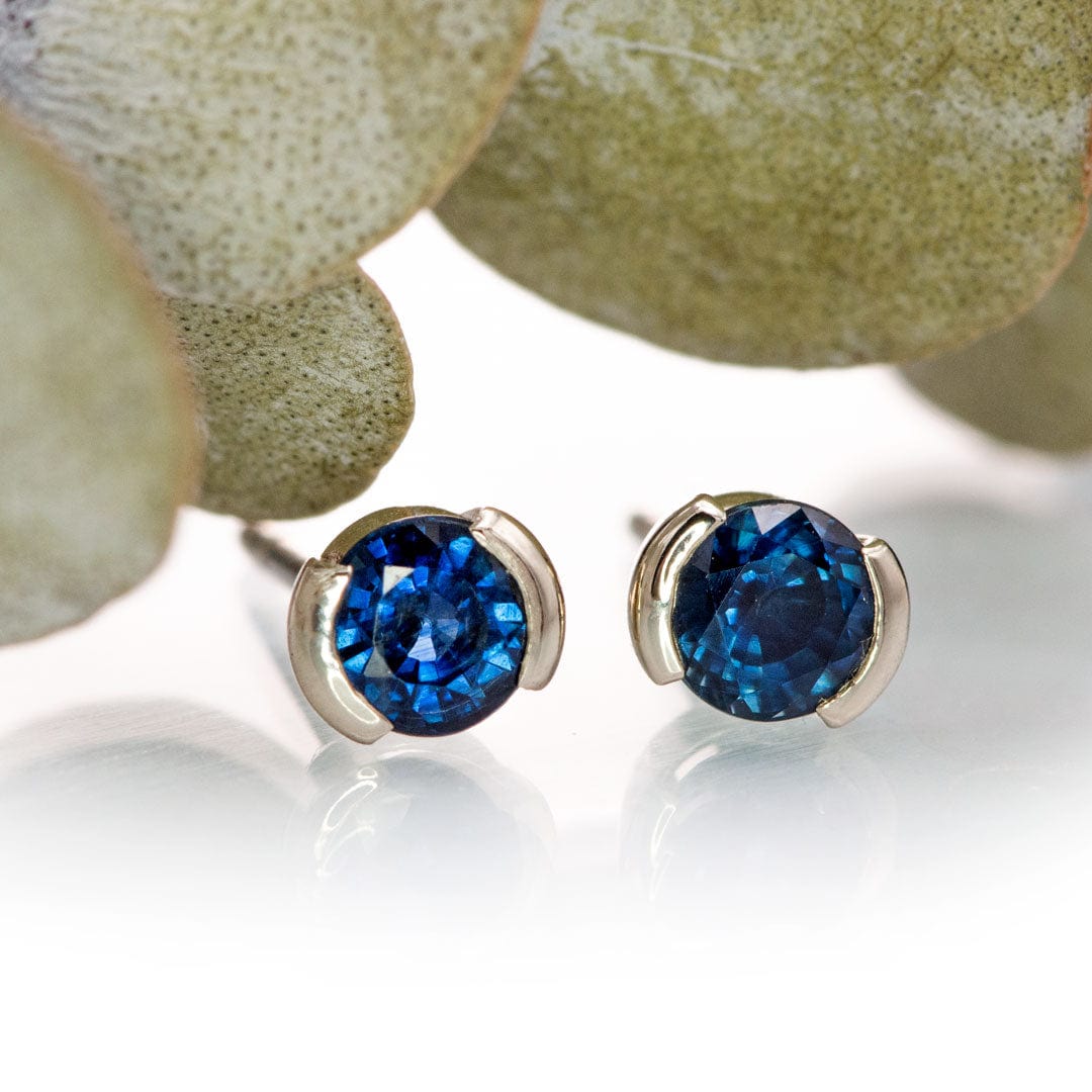 Blue Sapphire 14k Gold Half Bezel Stud Earrings Earrings by Nodeform