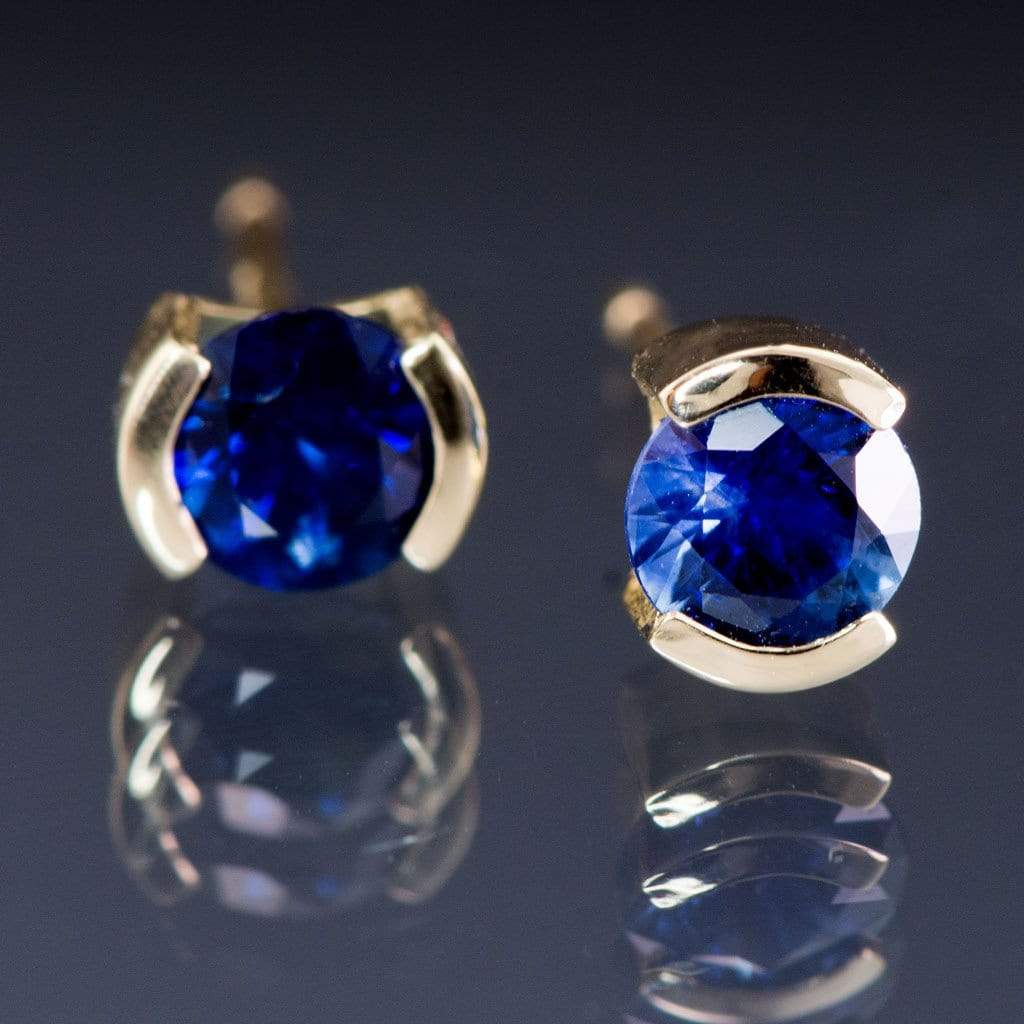 Blue Sapphire 14k Gold Half Bezel Stud Earrings Earrings by Nodeform