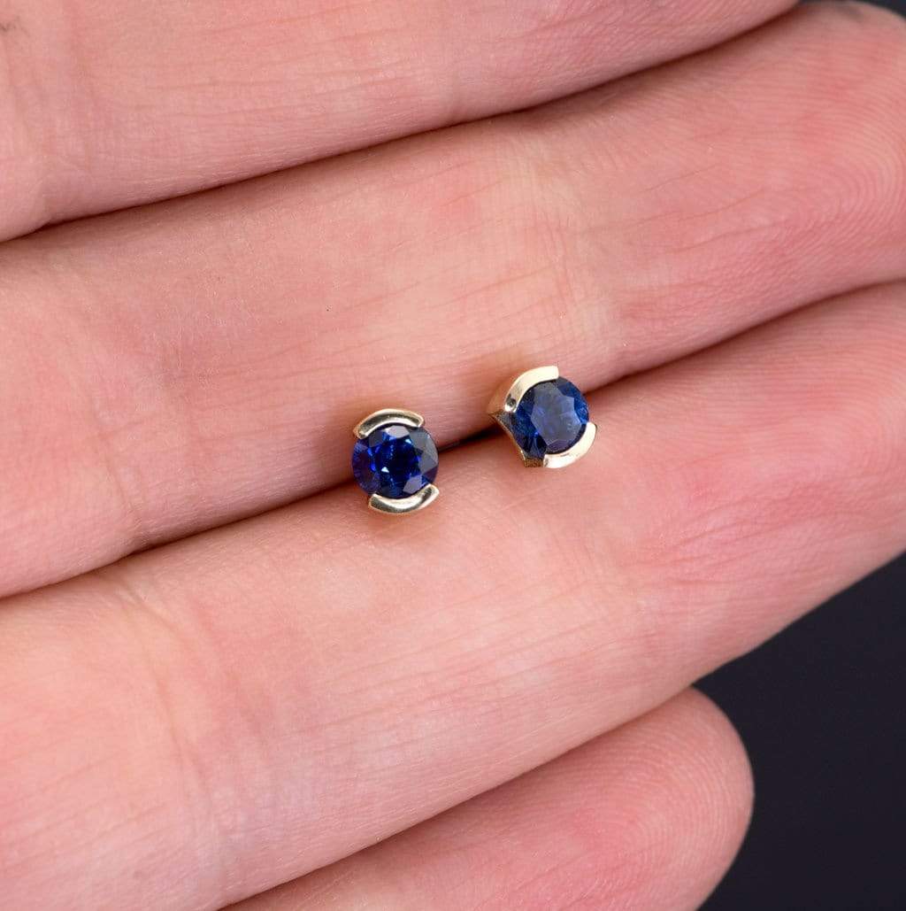 Blue Sapphire 14k Gold Half Bezel Stud Earrings Earrings by Nodeform