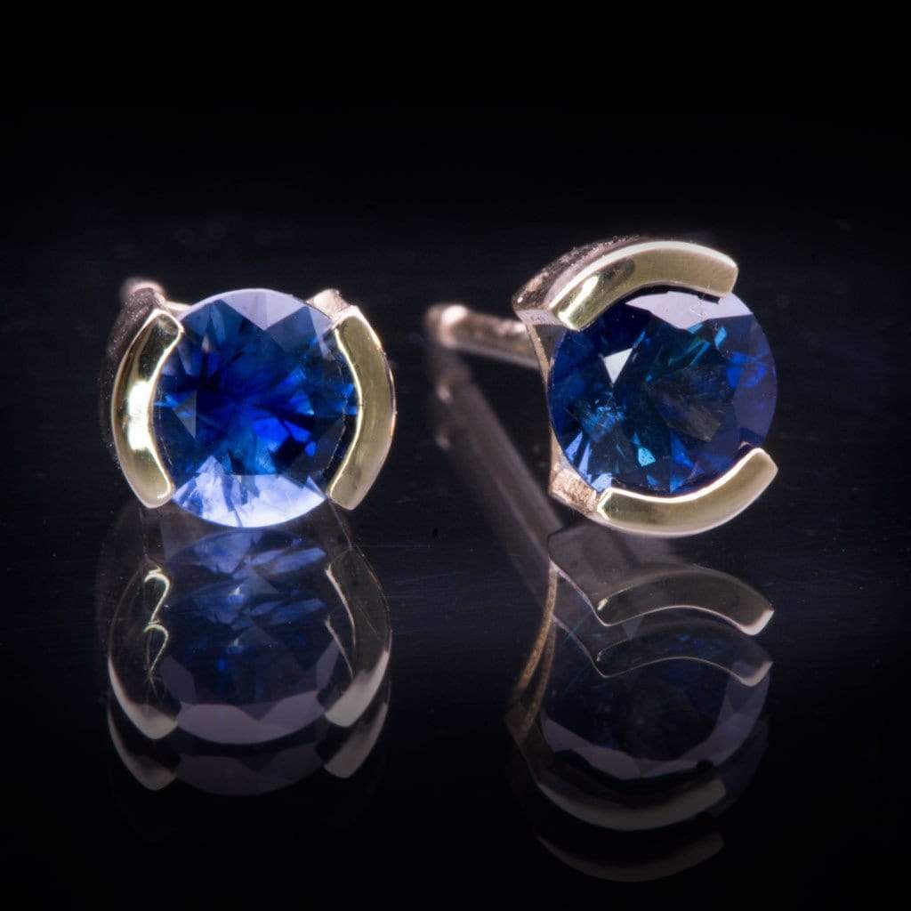 Blue Sapphire 14k Gold Half Bezel Stud Earrings Earrings by Nodeform