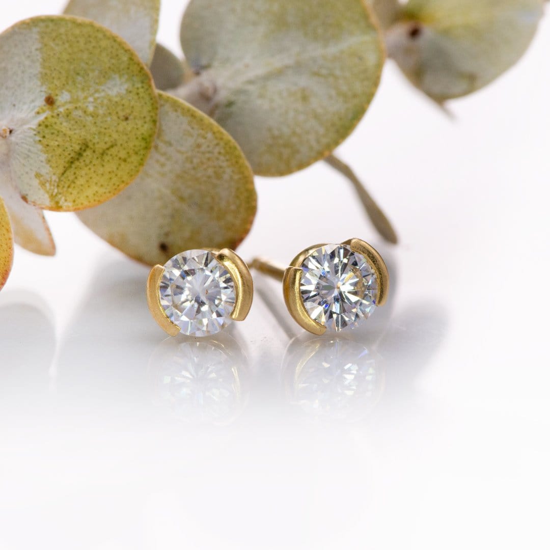 Forever One Moissanite Half Bezel Gold or Platinum Studs Earrings Earrings by Nodeform