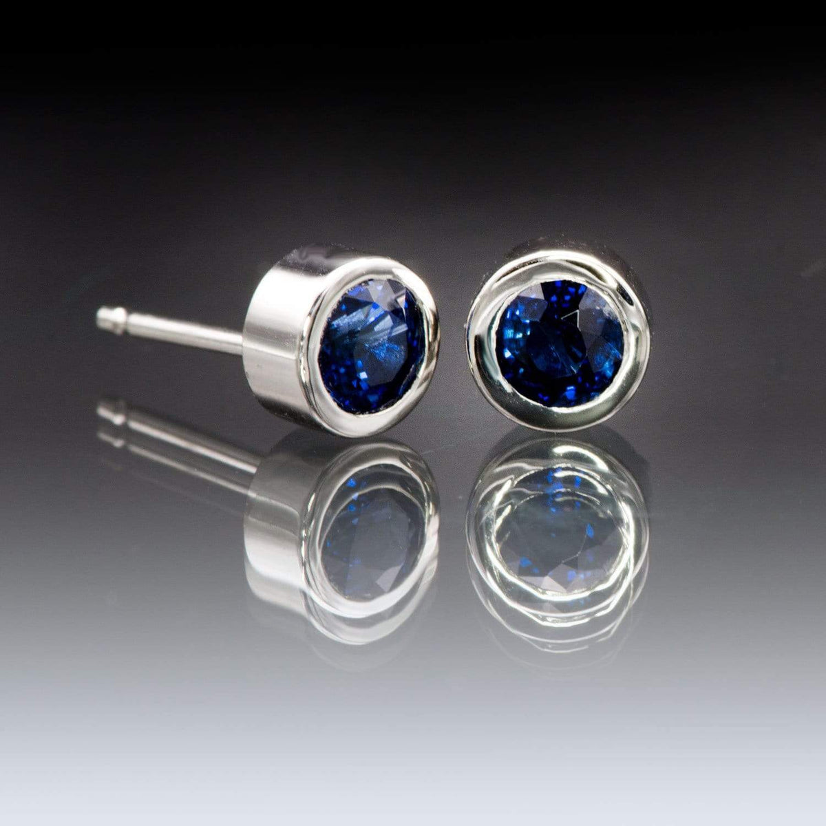 Simple Blue Sapphire Bezel Set Stud Earrings 14k White Gold / 4mm Lab Created Sapphires Earrings by Nodeform