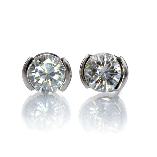 Forever One Moissanite Half Bezel Gold or Platinum Studs Earrings Earrings by Nodeform