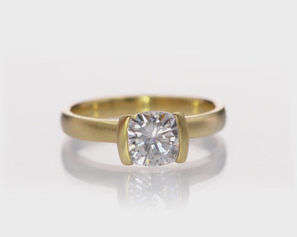 Cushion Moissanite Ring Modified Tension Solitaire Yellow Gold Engagement Ring