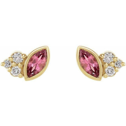 Marquise Pink Tourmaline & Diamond Cluster Gold or Platinum Leaf Stud Earrings Earrings by Nodeform