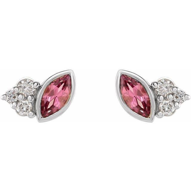 Marquise Pink Tourmaline & Diamond Cluster Gold or Platinum Leaf Stud Earrings 14k White Gold Earrings by Nodeform