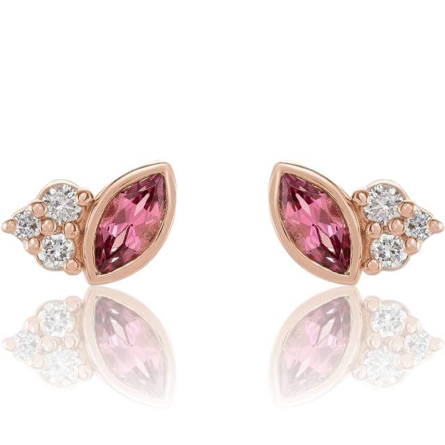 Marquise Pink Tourmaline & Diamond Cluster Gold or Platinum Leaf Stud Earrings 14k Rose Gold Earrings by Nodeform