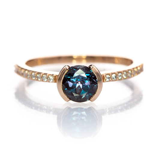 Chatham Alexandrite Half Bezel Diamond Pave Engagement Ring 6mm/~1.13ct Chatham Alexandrite / 18kPD White Gold Ring by Nodeform