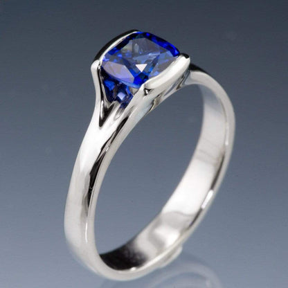 Cushion Cut Chatham Blue Sapphire Fold Solitaire Engagement Ring Ring by Nodeform