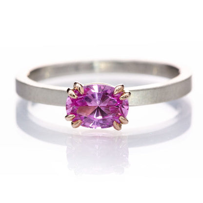 Oval Pink Lab Sapphire Rose Gold Prongs & Sterling Silver Stacking Ring, Size 4 to 9 Ring Ready To Ship by Nodeform