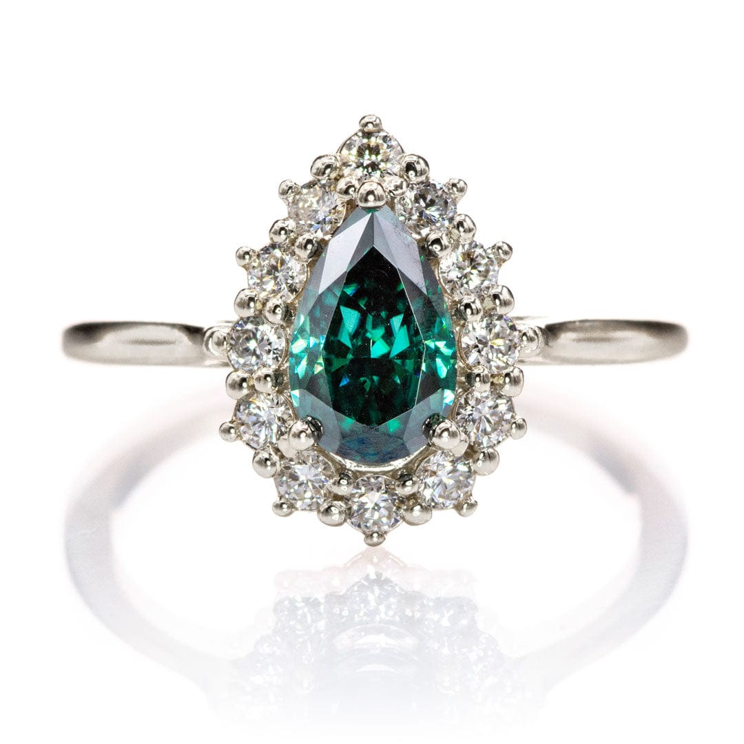 Pear Green Moissanite Ophelia Ring - Prong Set Diamond Halo Engagement Ring 14kX1 Nickel White Gold (Not Rhodium Plated) Rings by Nodeform