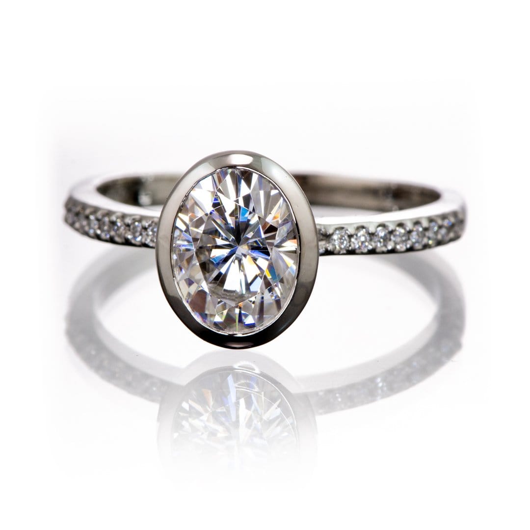 Oval Moissanite Peekaboo Bezel Diamond Pave Engagement Ring 8x6mm Near-Colorless Forever One / 18k PD White Gold Ring by Nodeform