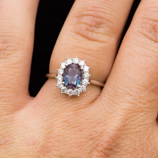Ophelia - Oval Lab-Created Alexandrite Prong Set Halo Engagement Ring Ring by Nodeform
