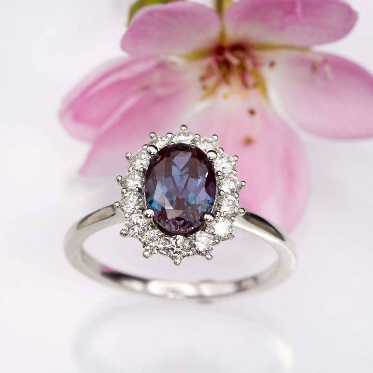 Ophelia - Oval Lab-Created Alexandrite Prong Set Halo Engagement Ring Ring by Nodeform