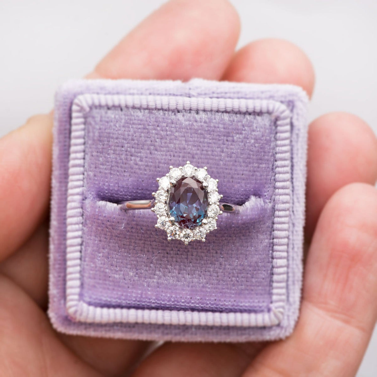 Ophelia - Oval Lab-Created Alexandrite Prong Set Halo Engagement Ring Ring by Nodeform