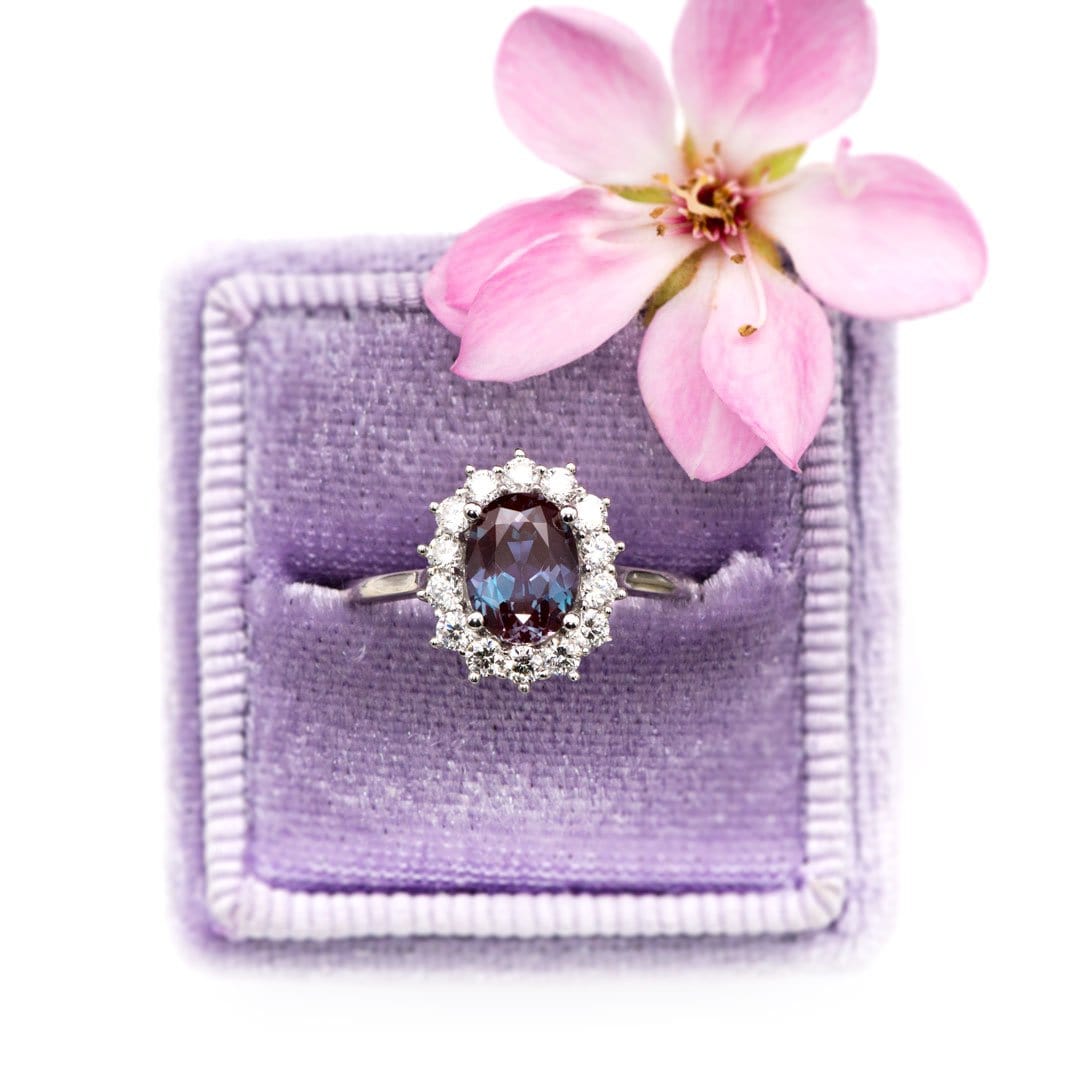 Ophelia - Oval Lab-Created Alexandrite Prong Set Halo Engagement Ring Ring by Nodeform