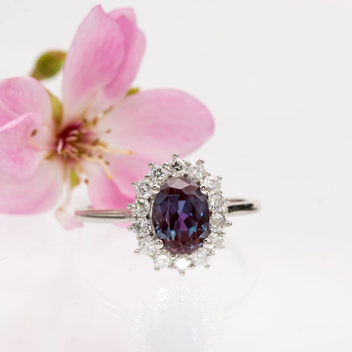 Ophelia - Oval Lab-Created Alexandrite Prong Set Halo Engagement Ring Ring by Nodeform