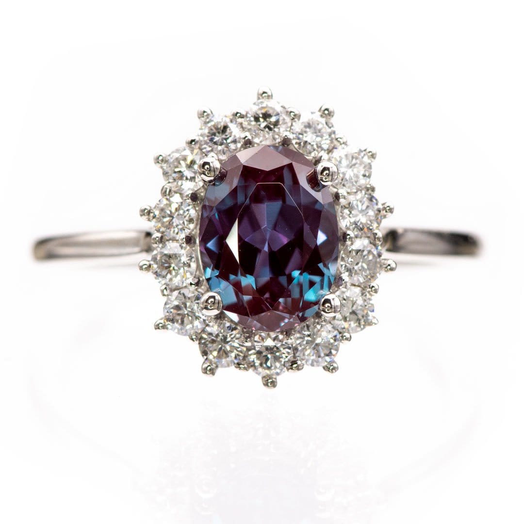 Ophelia - Oval Lab-Created Alexandrite Prong Set Halo Engagement Ring 7x5mm/~1ct Oval Lab-created Alexandrite / Moissanite Halo / 14k Nickel White Gold Ring by Nodeform