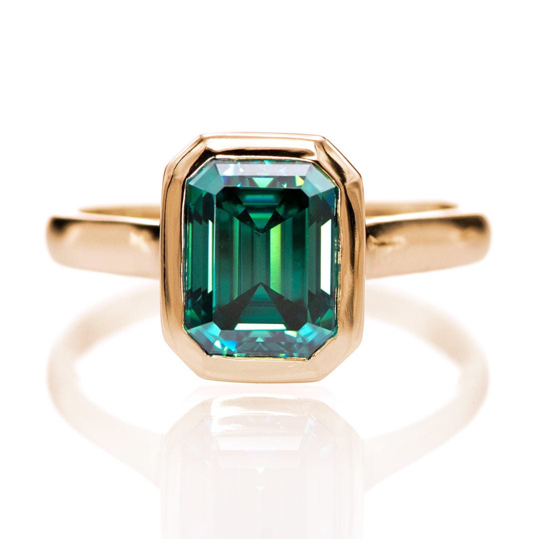 Emerald Cut Green Moissanite Olivia Bezel Set 14k White Gold Solitaire Cathedral Engagement Ring 14k Rose Gold by Nodeform