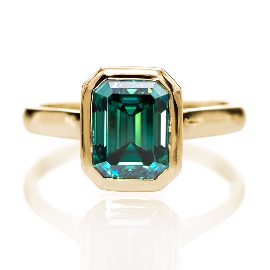Emerald Cut Green Moissanite Olivia Bezel Set 14k White Gold Solitaire Cathedral Engagement Ring 14K Yellow Gold by Nodeform