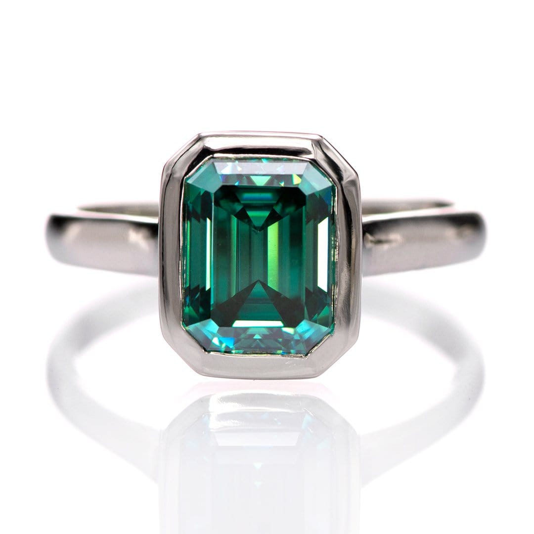Emerald Cut Green Moissanite Olivia Bezel Set 14k White Gold Solitaire Cathedral Engagement Ring Ring Ready To Ship by Nodeform