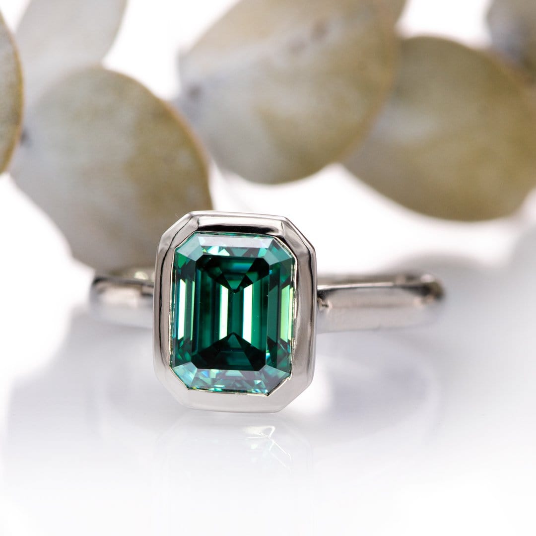 Emerald Cut Green Moissanite Olivia Bezel Set 14k White Gold Solitaire Cathedral Engagement Ring Ring Ready To Ship by Nodeform
