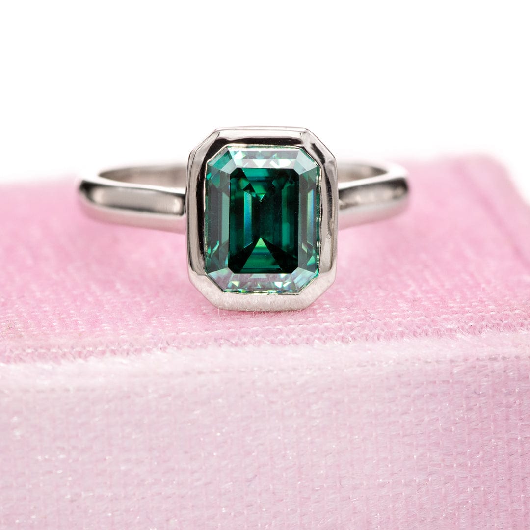 Emerald Cut Green Moissanite Olivia Bezel Set 14k White Gold Solitaire Cathedral Engagement Ring by Nodeform