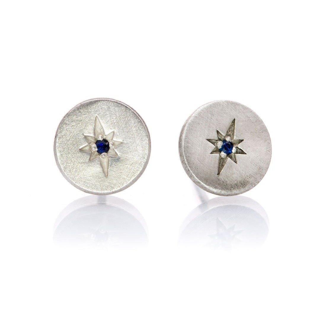 Blue Sapphire Star Set Round Disk Stud Earrings 14k White Gold Earrings by Nodeform